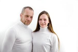 Profile side view portrait of his he her she nice attractive pretty lovely charming cute cheerful cheery content persons folded arms isolated over light white pastel background photo