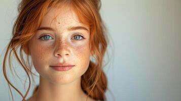 mujer con rojo pelo mirando a cámara foto