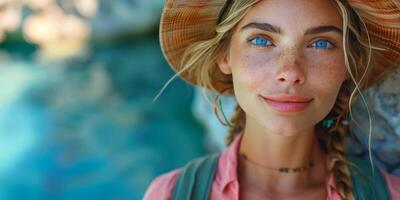 Woman in Hat Standing in Front of Blue Wall photo