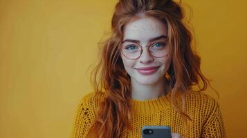 niña con rojo pelo y lentes participación célula teléfono foto
