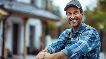 Smiling Man in Blue Shirt and Hat photo