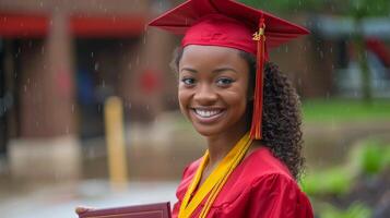 Woman in Graduation Cap and Gown Holding Diploma photo