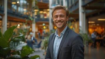 hombre sonriente en traje dentro edificio foto