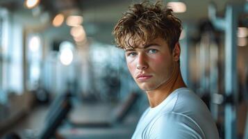 Young Man Standing in Front of Gym Machine photo