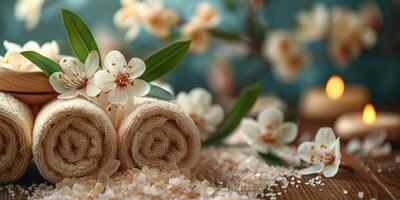 Pile of Rolled Up Towels on Wooden Table photo