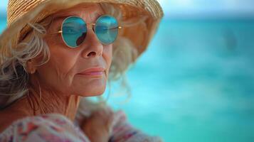 Woman Wearing Straw Hat and Sunglasses photo