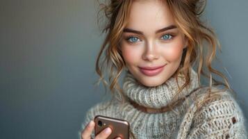 Woman in Sweater Holding Cell Phone photo