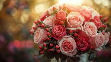 Bouquet of Pink Roses on Table photo