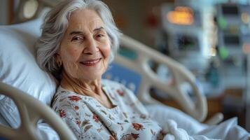 más viejo mujer sonriente en hospital cama foto