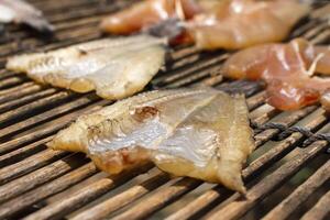 Sun-dried fish on bamboo basket photo