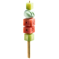 Breakfast fruit kebabs with cubes of watermelon honeydew and cantaloupe threaded onto skewers and served png