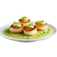 Seared scallops golden brown crust garnished with pea puree photographed straight on Food and culinary png