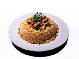 Couscous steaming plate of fluffy couscous topped with tender lamb vegetables and sprinkle of paprika png
