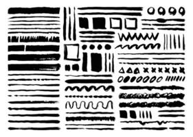 Black paint brush strokes element set. Circle, line, square, zigzag, x, triangle, and wavy shape design bundle. Hand drawn painting graphic element. Rough textured brushes. vector