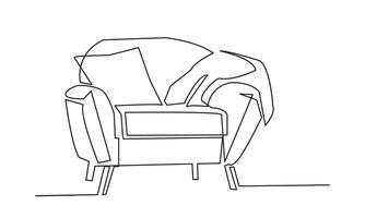 Continuous one line drawing of armchair with pillow and plaid. Stylish furniture in simple linear style vector