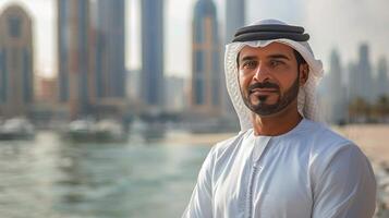 Man in White Outfit by Body of Water photo