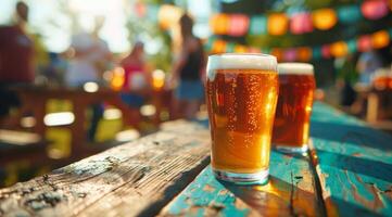 Tres lentes de cerveza en un de madera mesa foto