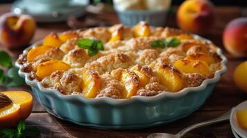 Peach Pie on Table With Sliced Peaches photo