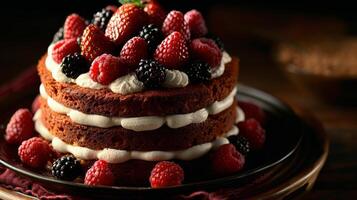 Cake With Berries and Whipped Cream on a Plate photo