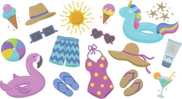 summer illustrations, swimsuit, shorts, flip-flops, swimming circles, ball, sunglasses, ice cream, etc., hand-drawn. Suitable for website, postcard, poster, cover, sticker set. . illustration vector