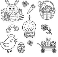 A set of Easter illustrations. Cute children's drawings for Easter. A set of simple illustrations with flowers, butterflies, a bird, a festive basket, eggs and a homemade pie. The Easter bunny. illustration vector