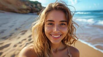 Beautiful Young Woman Standing on Top of a Beach photo