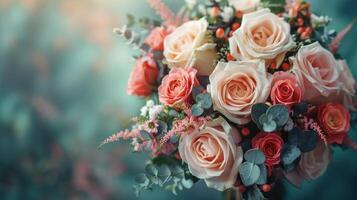 Bridal Bouquet of Peach and White Roses photo