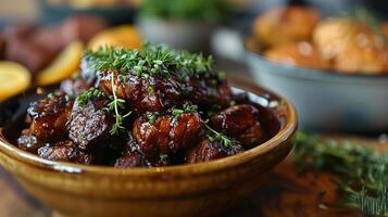 vasija maceta lleno con zanahorias y carne foto