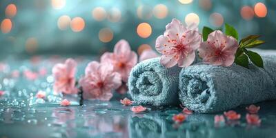 Two Rolled Up Towels With Pink Flowers photo