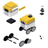 Concept with robot courier made of plastic bricks. vector