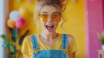 Woman Wearing Overalls and Glasses Making Funny Face photo