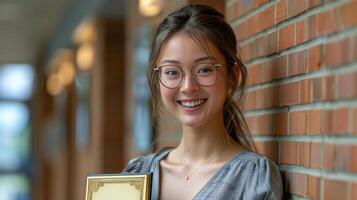 Woman Holding Framed Picture Next to Brick Wall photo