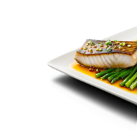 Broiled yellowtail fillet caramelized surface garnished with scallions captured with a shallow depth of field png