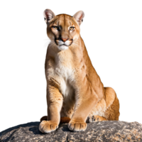 Regal Berg Löwe Puma Concolor thront auf Felsen mächtig muskulös bilden heftig Blick Tier Fotografie png