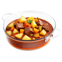 Beef Goulash in a transparent glass pan on a gas stove, shot from a 45-degree angle, with tender beef chu png