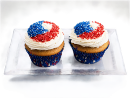 vierde van juli Amerikaans vlag cupcakes met rood wit en blauw glimmertjes geserveerd png