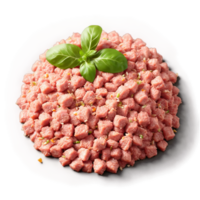 Ground pork pink and fresh with ginger and garlic bits floating in an Asian inspired png