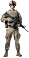 An American soldier in full-length sunglasses with a weapon in his hands. Modern equipment. Isolated on transparent background png