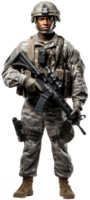 American black soldier in full height with a weapon in his hands. Modern equipment. Isolated on transparent background png