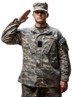 A US Army soldier stands straight and salutes. Isolated on a transparent background png