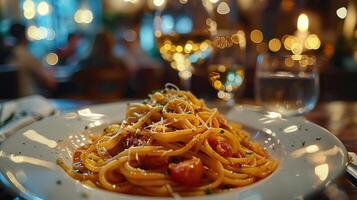 Plate of Spaghetti With Tomato Sauce on Table photo