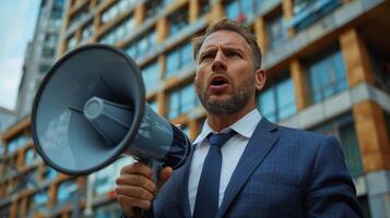 Man in Suit and Tie Holding Megaphone photo