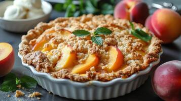 Peach Pie on Table With Sliced Peaches photo