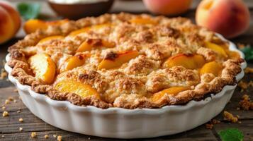 Peach Pie on Table With Sliced Peaches photo