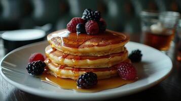 Stack of Pancakes With Syrup and Berries on a Plate photo