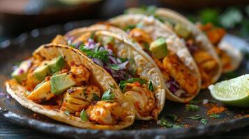 Three Fish Tacos With Limes and Cilantro on Plate photo