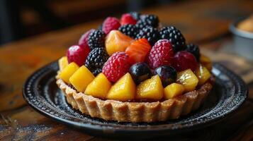 Fruit Tart on Wooden Platter With Grapes and Raspberries photo