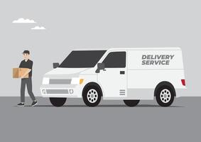 delivery service man carry package box from vehicle van to customer vector