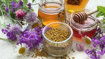 Raw organic bee pollen and honey in jars and wild flowers. video