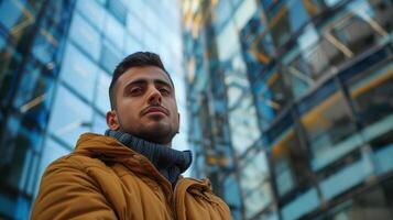 Man Standing in Front of Tall Building photo